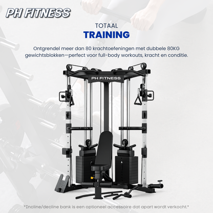Zwarte PH Fitness multi-gym met verstelbare kabels en gewichtsplatens voor thuisgym. Robuust metaalframe met handgrepen en voetstuk voor krachttraining en fitness.