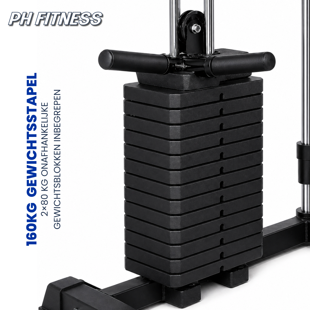Zwart multi-functional home gym apparaat met verstelbare banden, zitbank en gewichtsplatensysteem, geschikt voor thuisfitness en krachttraining.