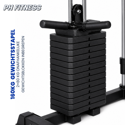 Zwart multi-functional home gym apparaat met verstelbare banden, zitbank en gewichtsplatensysteem, geschikt voor thuisfitness en krachttraining.