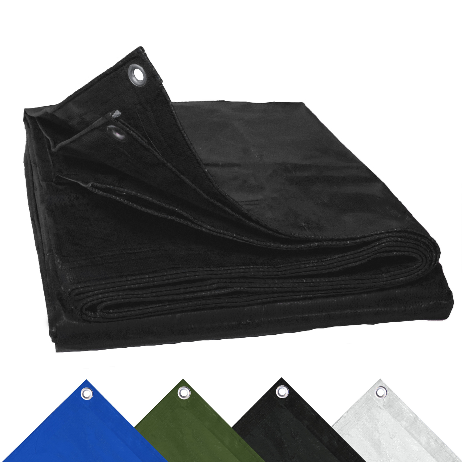 Zwart, waterdicht dekzeil van Perfect Cover, gefold met zichtbare metalen oogjes en een label met UV- en weerbestendigheidskenmerken, geschikt voor tuin- en bouwprojecten.