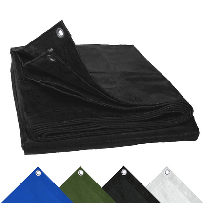 Zwart, waterdicht dekzeil van Perfect Cover, gefold met zichtbare metalen oogjes en een label met UV- en weerbestendigheidskenmerken, geschikt voor tuin- en bouwprojecten.