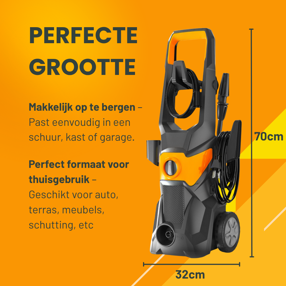 Zwarte en oranje waterstraler met wieltjes, geschikt voor tuinreiniging. Zichtbaar kabel, handvat en waterinlaat voor efficiënte buitenruimteverzorging.
