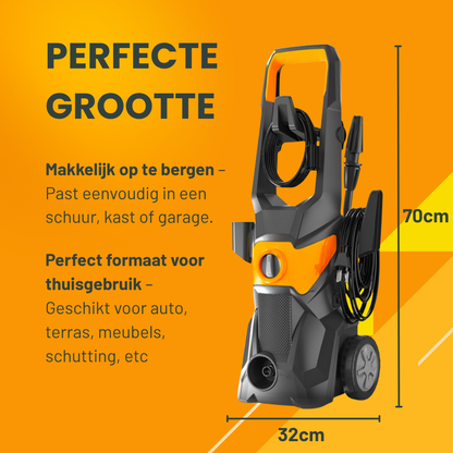 Zwarte en oranje waterstraler met wieltjes, geschikt voor tuinreiniging. Zichtbaar kabel, handvat en waterinlaat voor efficiënte buitenruimteverzorging.