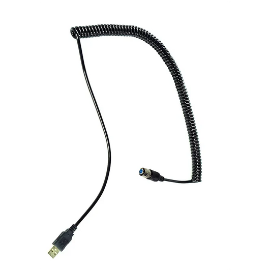 Zwart, gevlochten USB-kabel met coiled flexibele stuk en metalen BNC-connector, geschikt voor camera’s en videoapparatuur. Perfect voor mobiele opnames en professionele video-opnames.