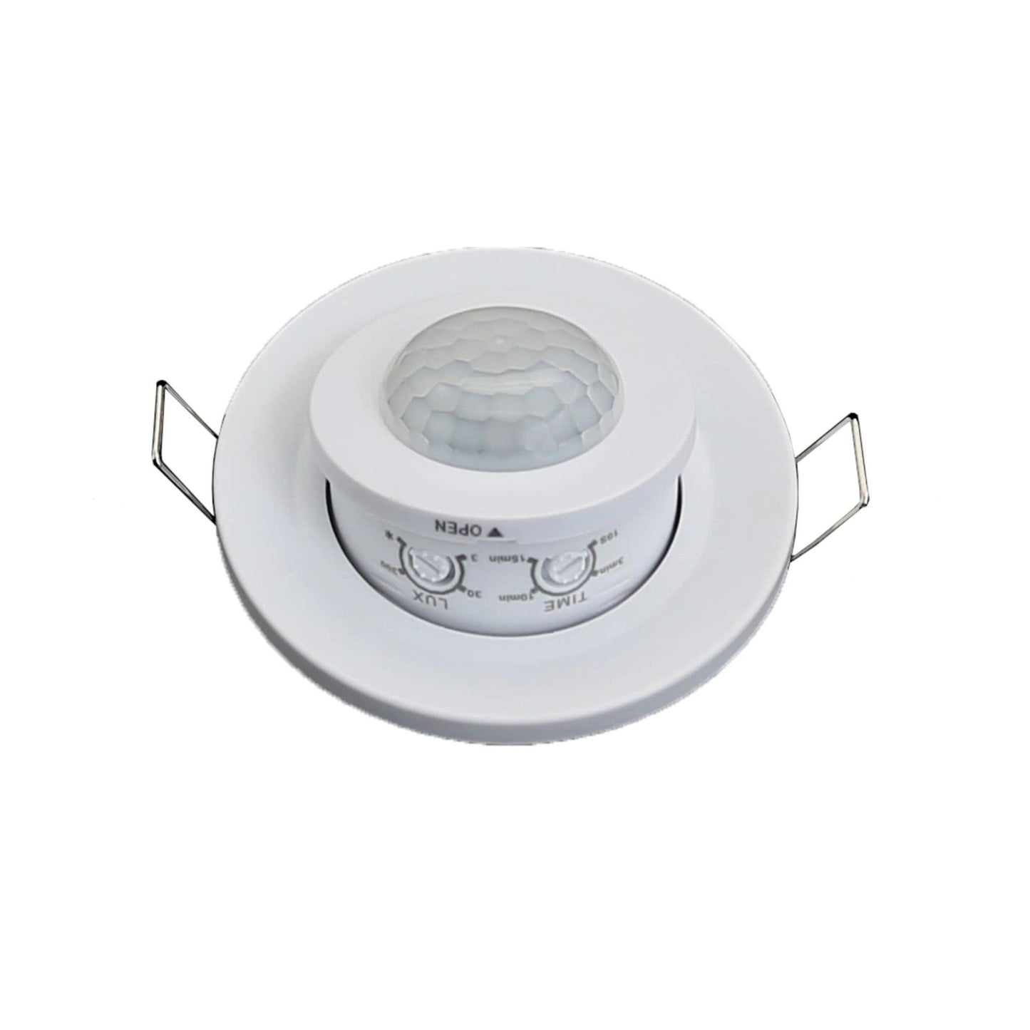 Een witte, ronde bewegingssensor met een facettenstructuur en twee instelbare knoppen voor lux- en tijdsinstelling, voor gebruik in verlichtingssystemen en veiligheidsapparatuur.