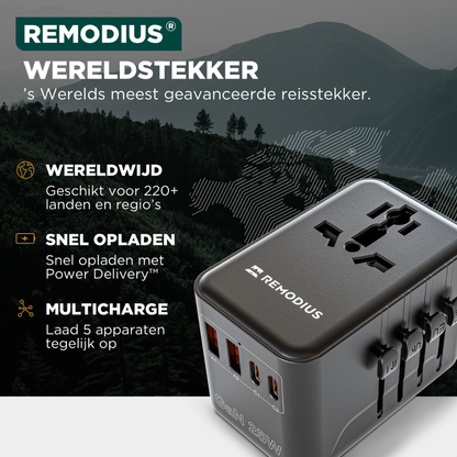 Zwart Remodius reisstopcontact met 4 USB-poorten en schakelaars voor EU, US, UK en AU, geplaatst naast een zwarte draagtas voor reisgebruik. Geschikt voor internationale reizen en mobiele apparaten.
