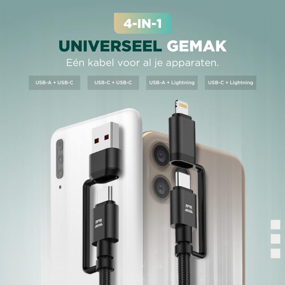 Zwart REMODIUS reisadapter met 4 USB-poorten en schakelaars voor AUS, UK, EU en US, inclusief 1x zwarte, gevlochten kabelset met USB-C, Lightning en USB-A aansluitingen voor reis en thuis.