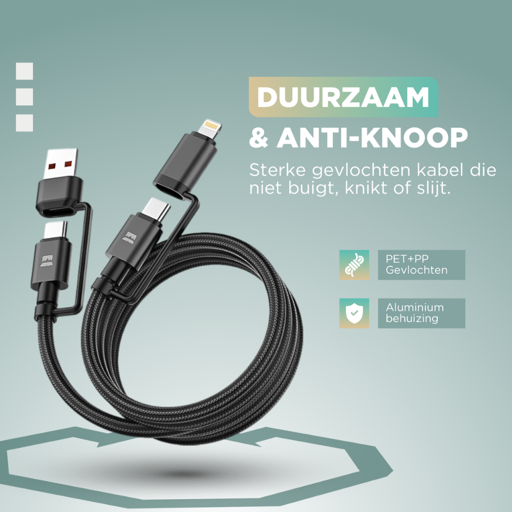 Zwart, gevlochten USB-C kabel met USB-A en Lightning aansluitingen, voor snelle opladen en dataoverdracht. Robuust ontwerp met REMODIUS merklabel, ideaal voor dagelijks gebruik en reizen.