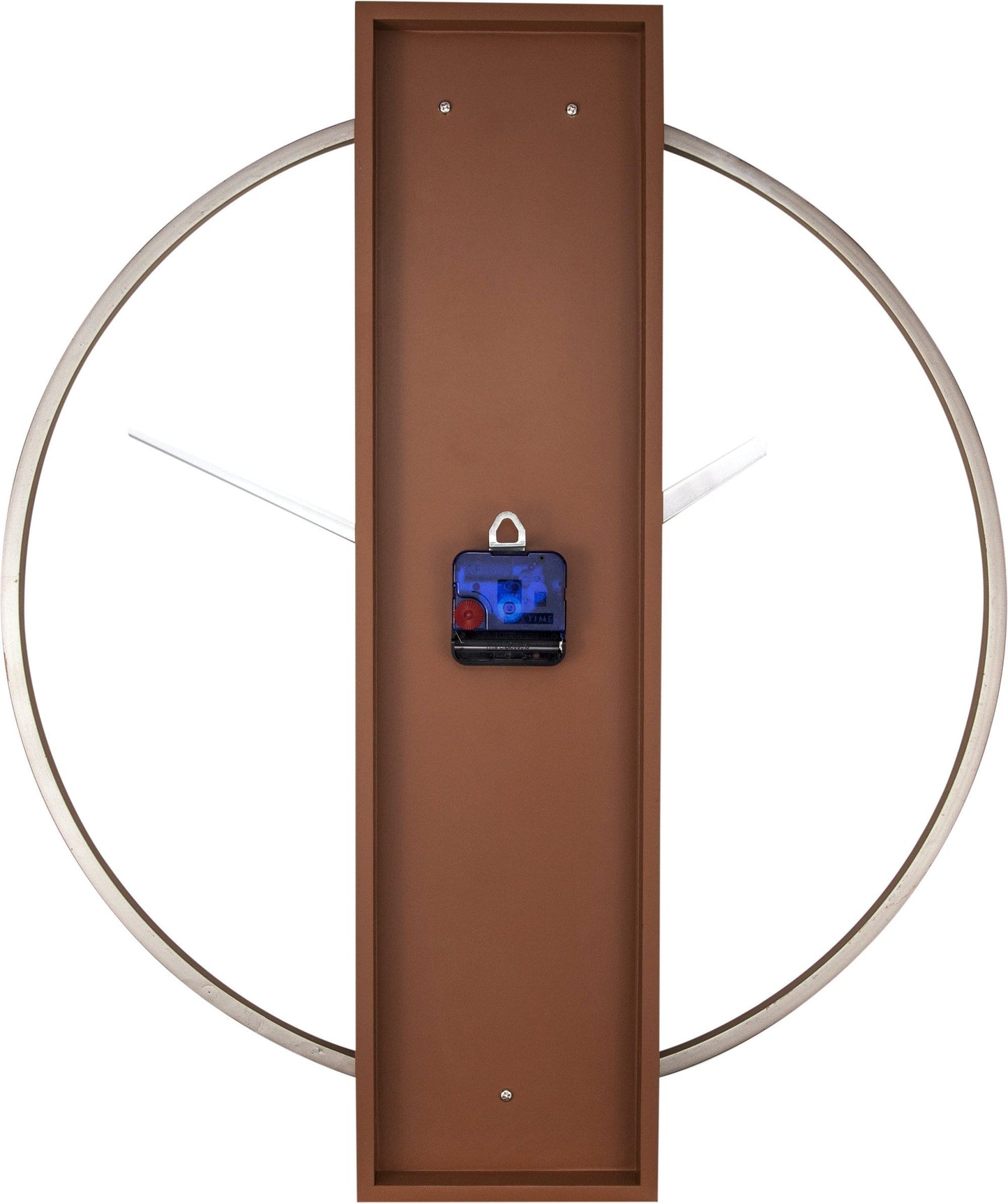 Een minimalistische wandklok met een goudkleurige metalen ring en een houten paneel met zichtbare nerven. De dunne wijzers en het merk ‘NEXTIME’ zijn duidelijk zichtbaar. Perfect voor moderne interieurs en woonkamers.