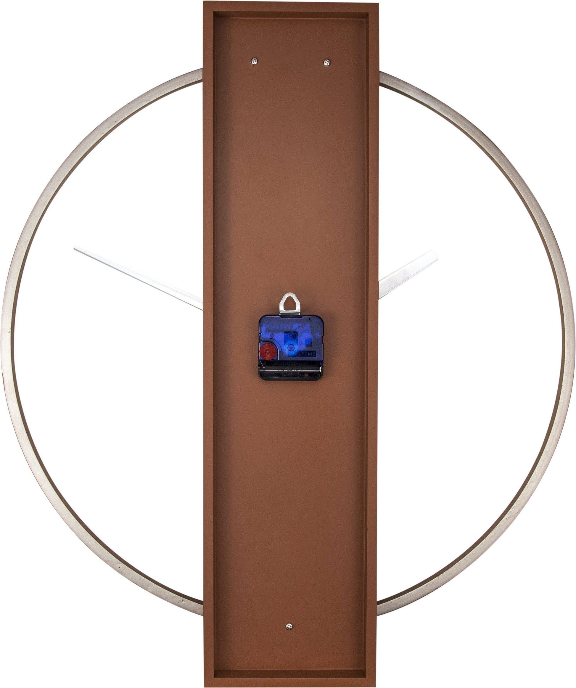 Een minimalistische wandklok met een goudkleurige metalen ring en een houten paneel met zichtbare nerven. De dunne wijzers en het merk ‘NEXTIME’ zijn duidelijk zichtbaar. Perfect voor moderne interieurs en woonkamers.