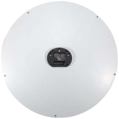 Een ronde wandklok met houten chevronpatroon en witte Romeinse cijfers. De witte wijzers en 'NEXTIME' merknaam zijn duidelijk zichtbaar. Perfect voor een moderne woonkamer of kantoordecoratie.