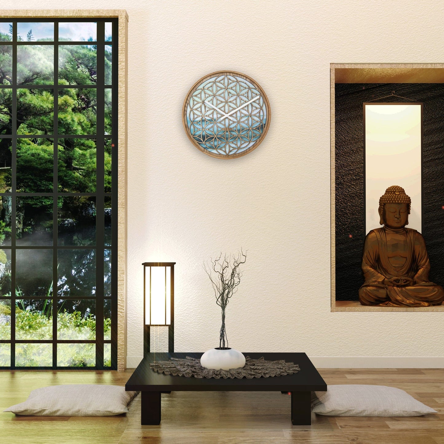 NeXtime Concord - Stille wandklok met floraal design - 40cm Groen Hout