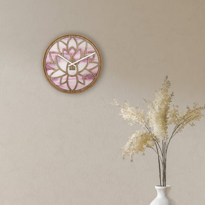 NeXtime Lotus - Stille wandklok met lotuspatroon - 40cm Roze Hout