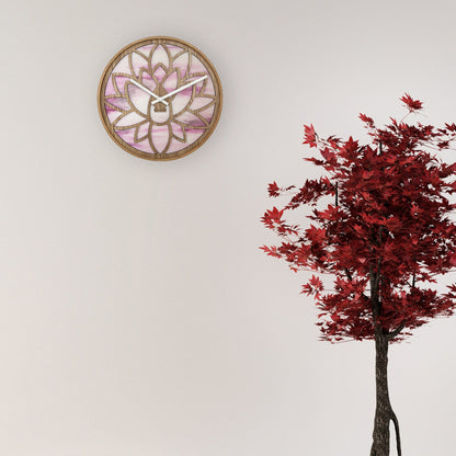 NeXtime Lotus - Stille wandklok met lotuspatroon - 40cm Roze Hout