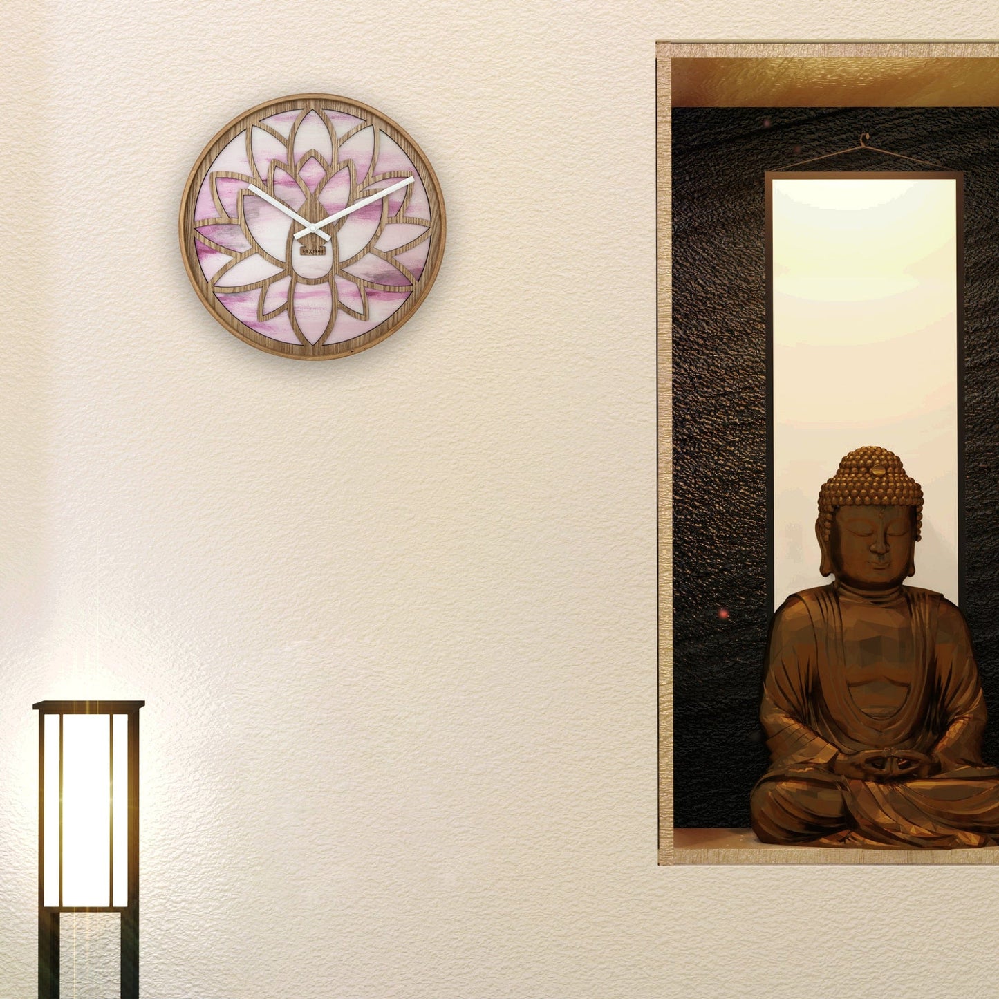 NeXtime Lotus - Stille wandklok met lotuspatroon - 40cm Roze Hout
