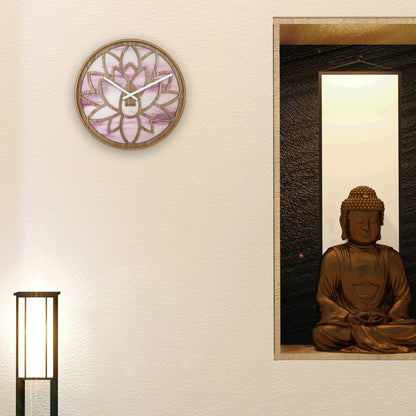 NeXtime Lotus - Stille wandklok met lotuspatroon - 40cm Roze Hout