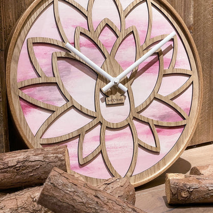 NeXtime Lotus - Stille wandklok met lotuspatroon - 40cm Roze Hout