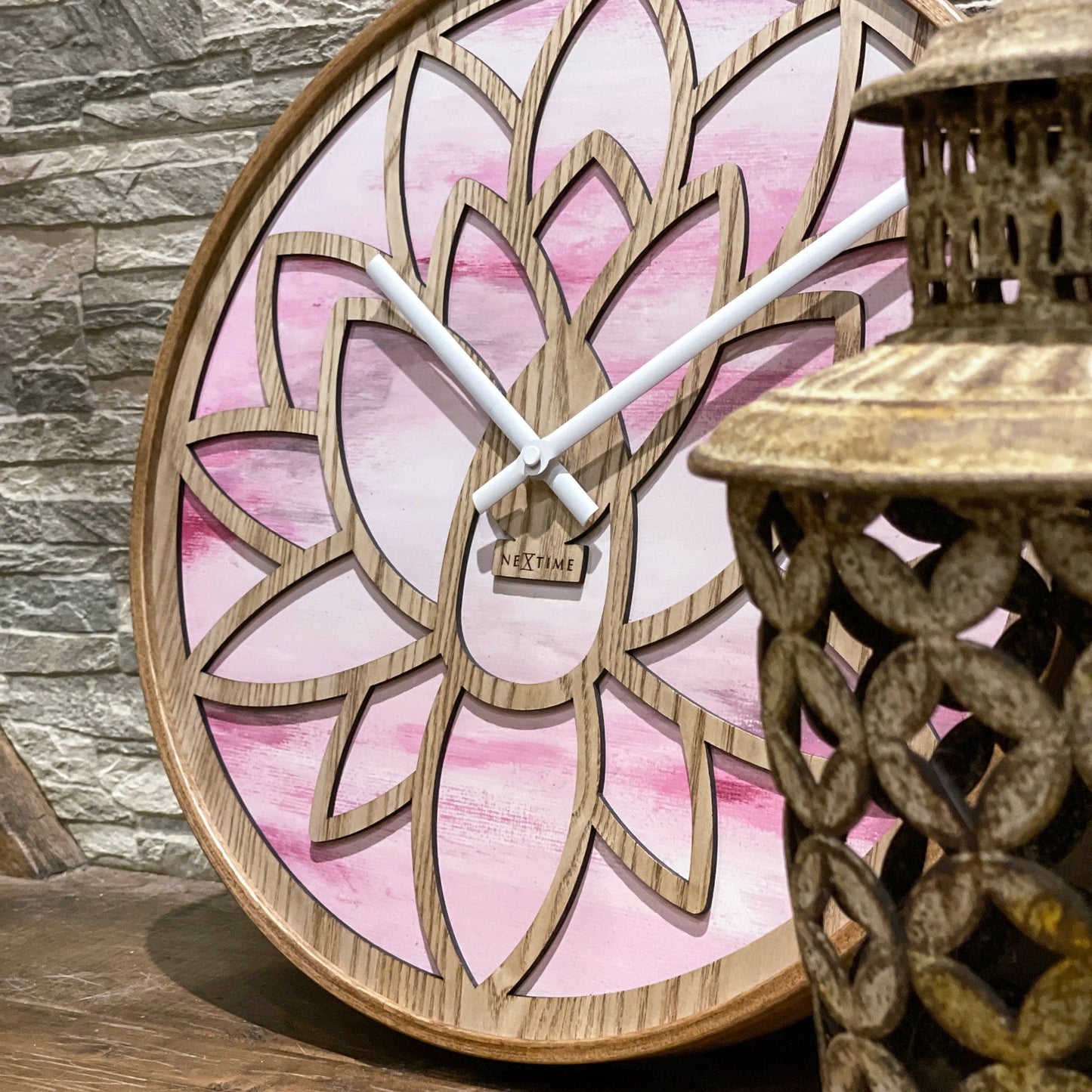 NeXtime Lotus - Stille wandklok met lotuspatroon - 40cm Roze Hout