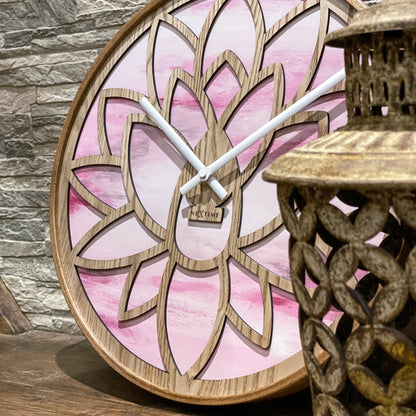 NeXtime Lotus - Stille wandklok met lotuspatroon - 40cm Roze Hout