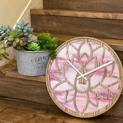 NeXtime Lotus - Stille wandklok met lotuspatroon - 40cm Roze Hout