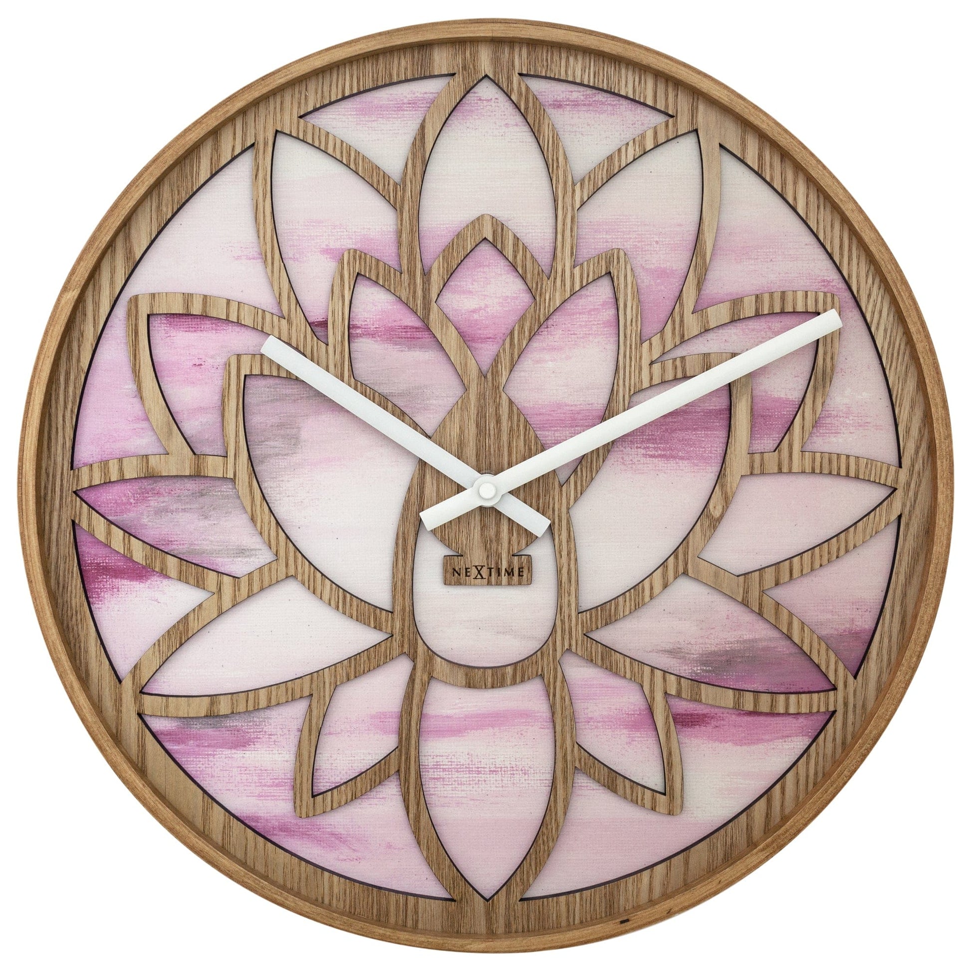 NeXtime Lotus - Stille wandklok met lotuspatroon - 40cm Roze Hout