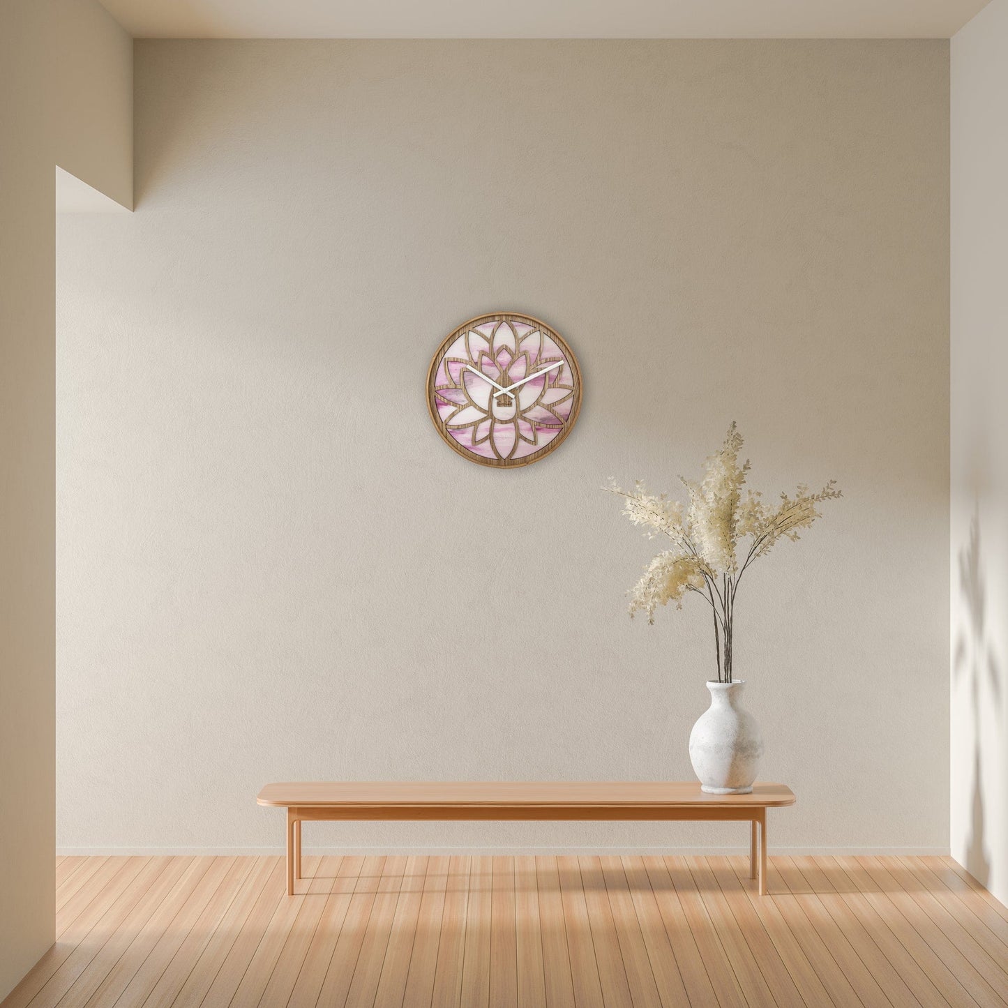NeXtime Lotus - Stille wandklok met lotuspatroon - 40cm Roze Hout