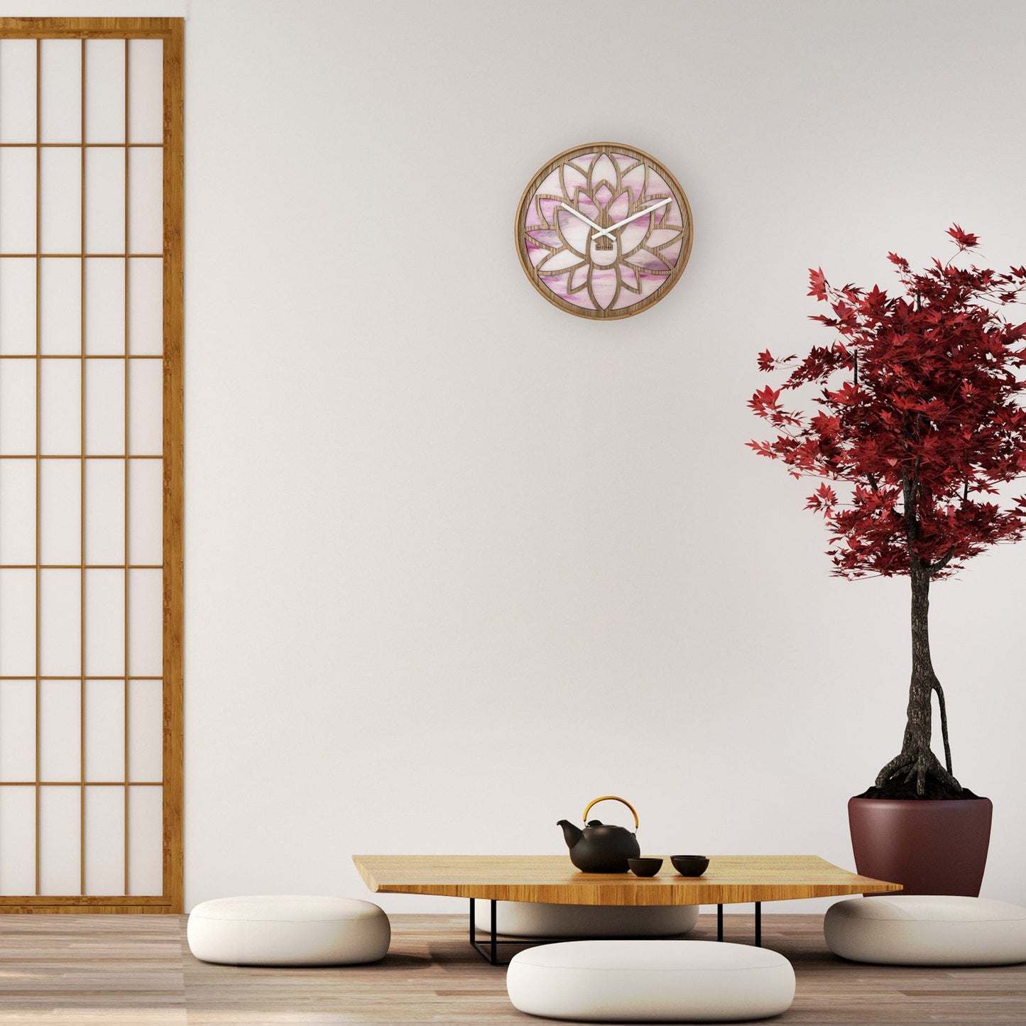 NeXtime Lotus - Stille wandklok met lotuspatroon - 40cm Roze Hout