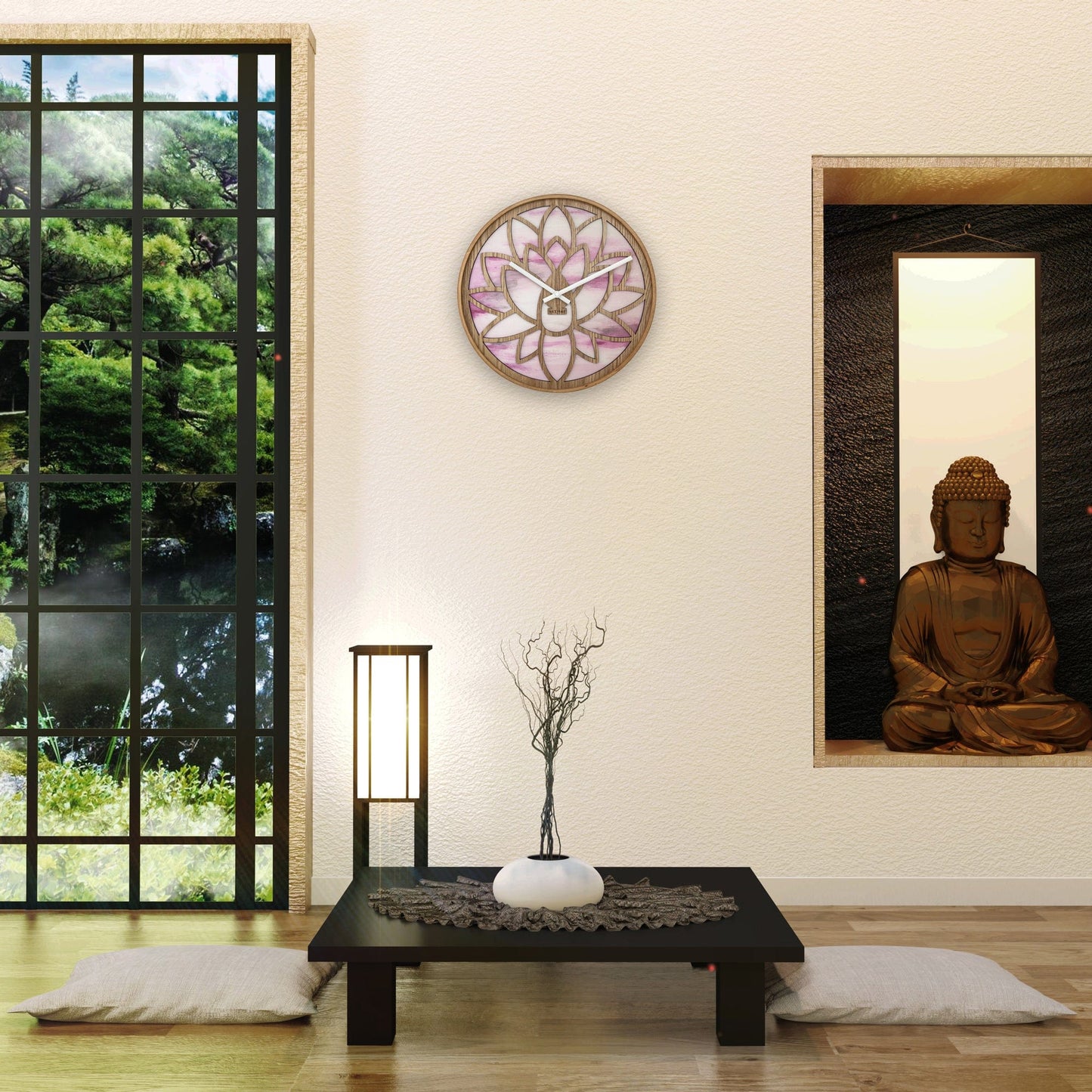 NeXtime Lotus - Stille wandklok met lotuspatroon - 40cm Roze Hout