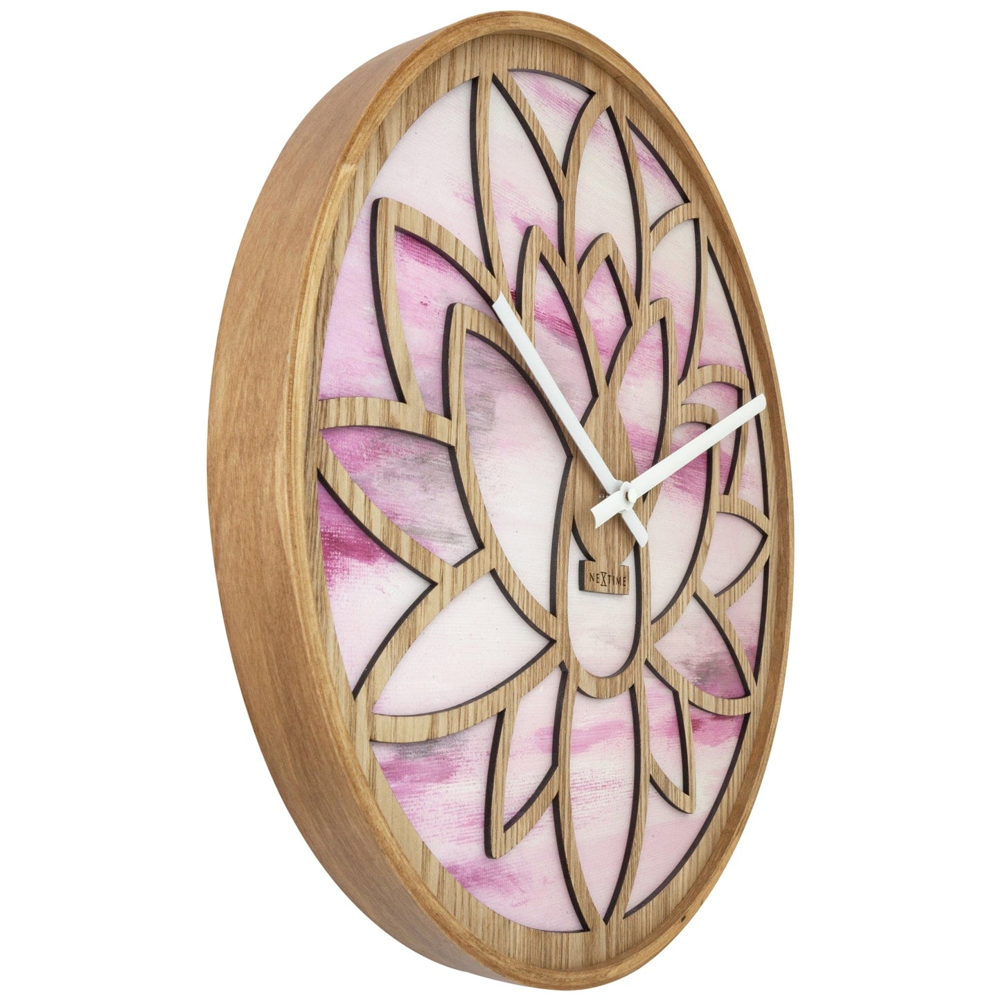 NeXtime Lotus - Stille wandklok met lotuspatroon - 40cm Roze Hout