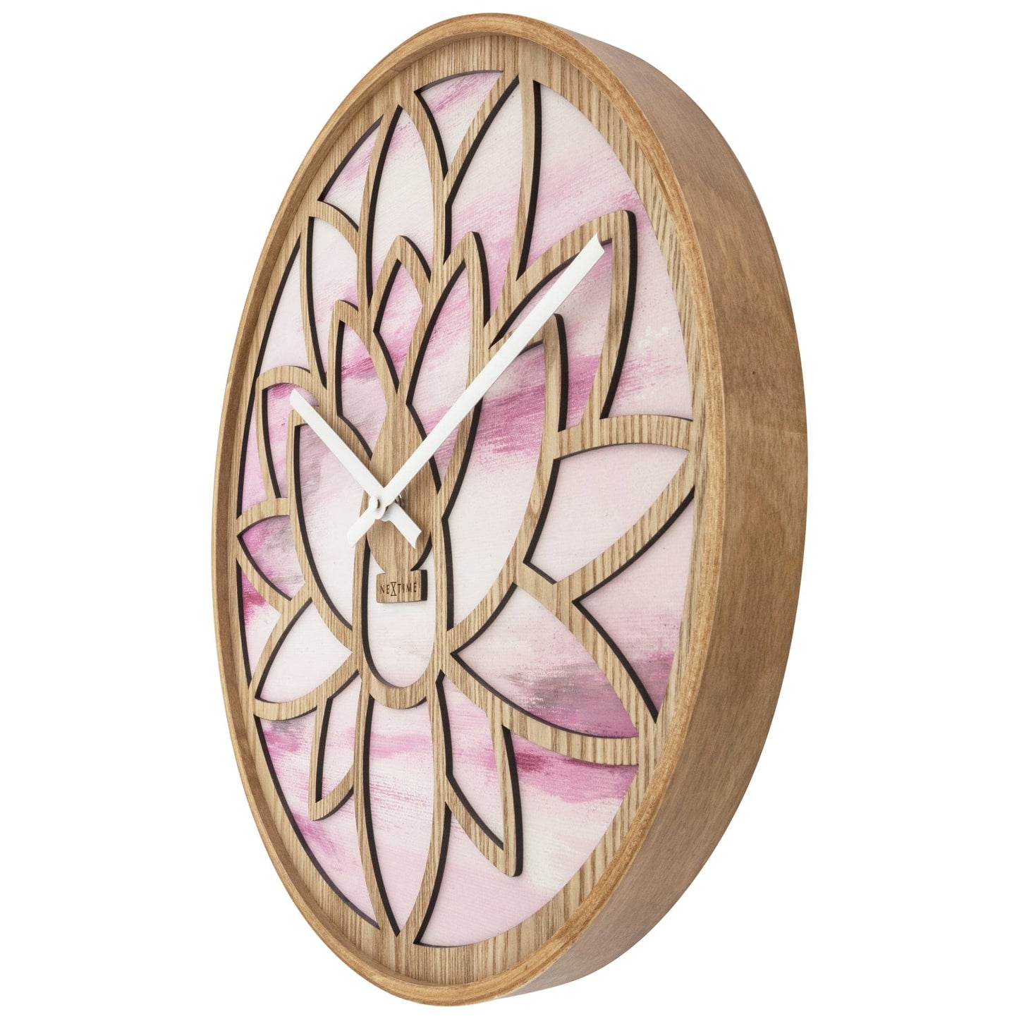 NeXtime Lotus - Stille wandklok met lotuspatroon - 40cm Roze Hout