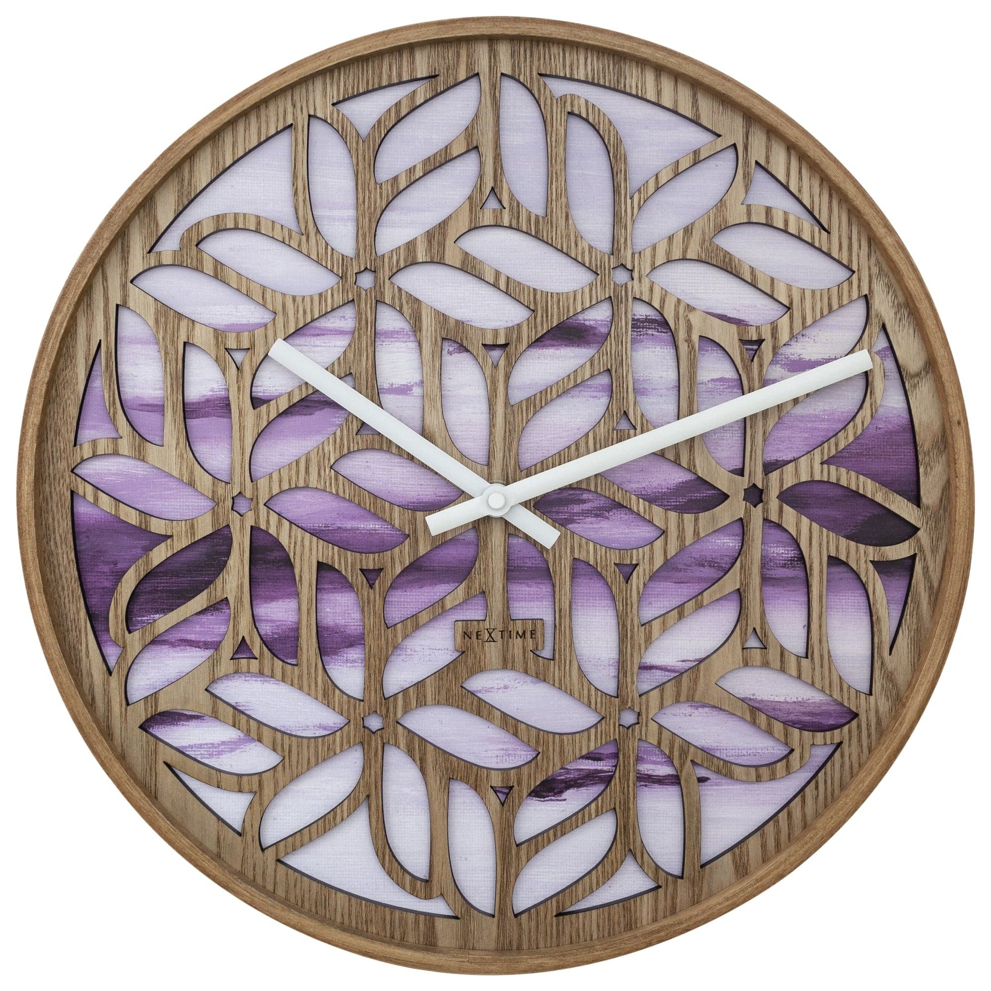 NeXtime Yogi - Stille wandklok met floraal houtsnijwerk - 40 cm