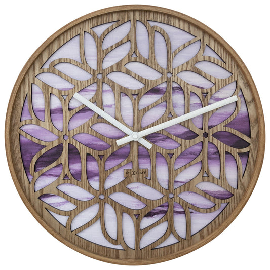 Comnox - NeXtime Yogi - Stille wandklok met floraal houtsnijwerk - 40 cm
