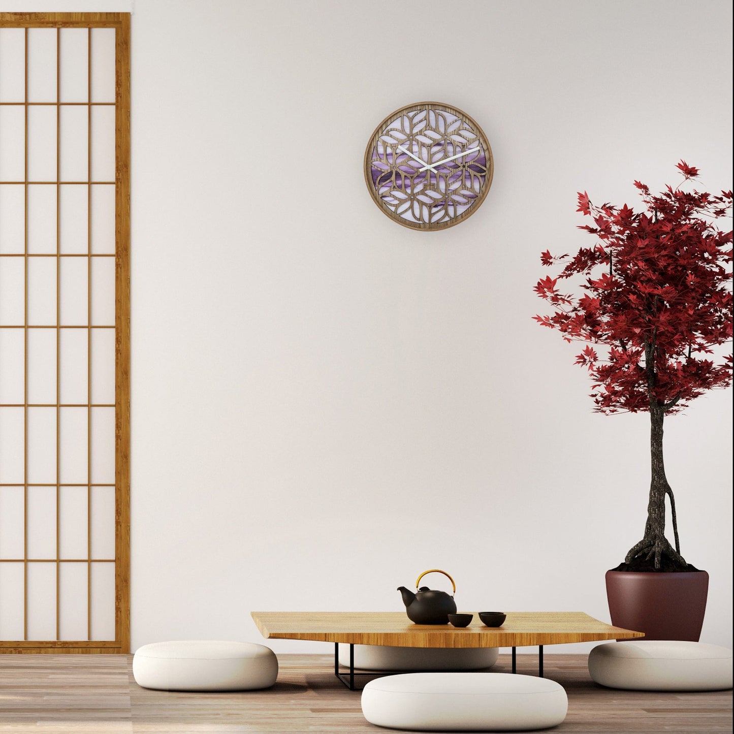 NeXtime Yogi - Stille wandklok met floraal houtsnijwerk - 40 cm