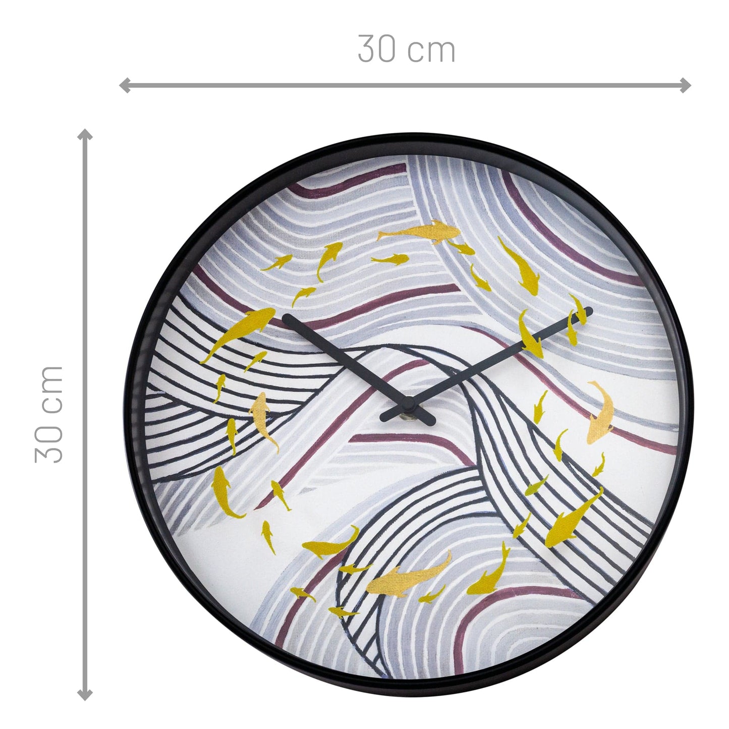Een ronde wandklok met zwart frame en een abstract ontwerp van golvende lijnen in paars, grijs en wit, versierd met glinsterende gouden vissen. Ideaal voor moderne interieurs en als decoratief element in woon- of kantoorruimtes.