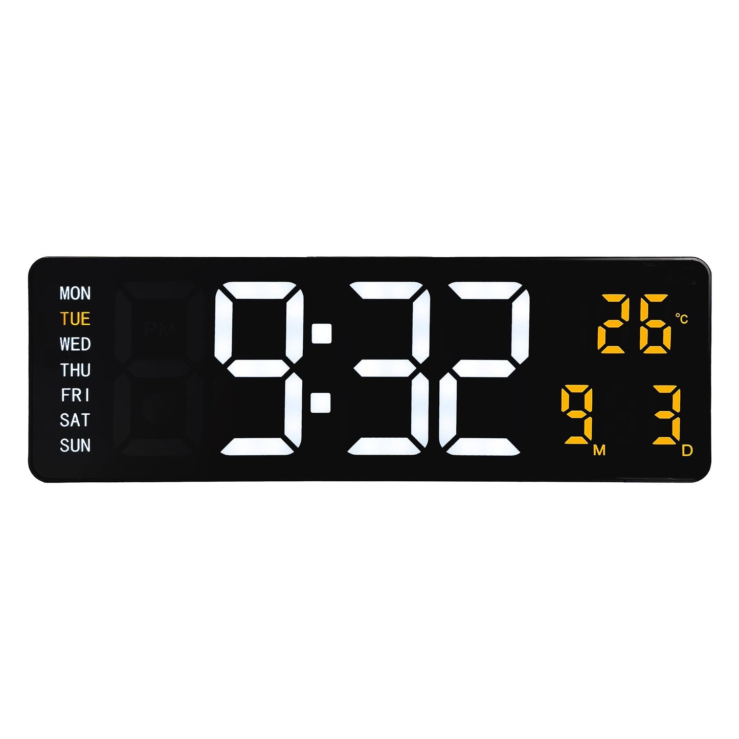 Een zwarte digitale wekker met witte tijd- en gele temperatuurweergave, toont 9:32 en 26°C. Inclusief dag van de week en datum, ideaal voor kantoor of slaapkamer.
