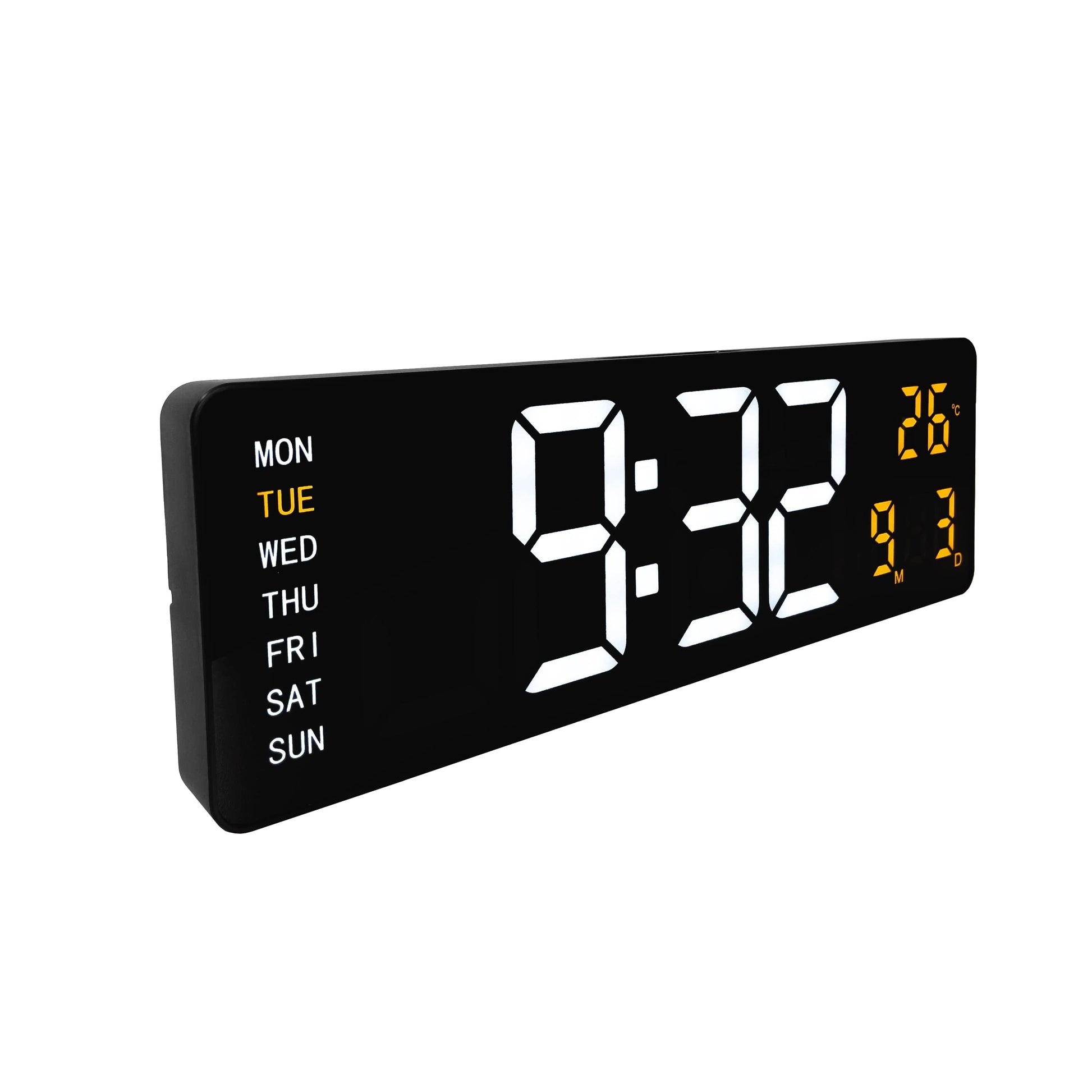 Een zwarte digitale wekker met witte tijd- en gele temperatuurweergave, toont 9:32 en 26°C. Inclusief dag van de week en datum, ideaal voor kantoor of slaapkamer.