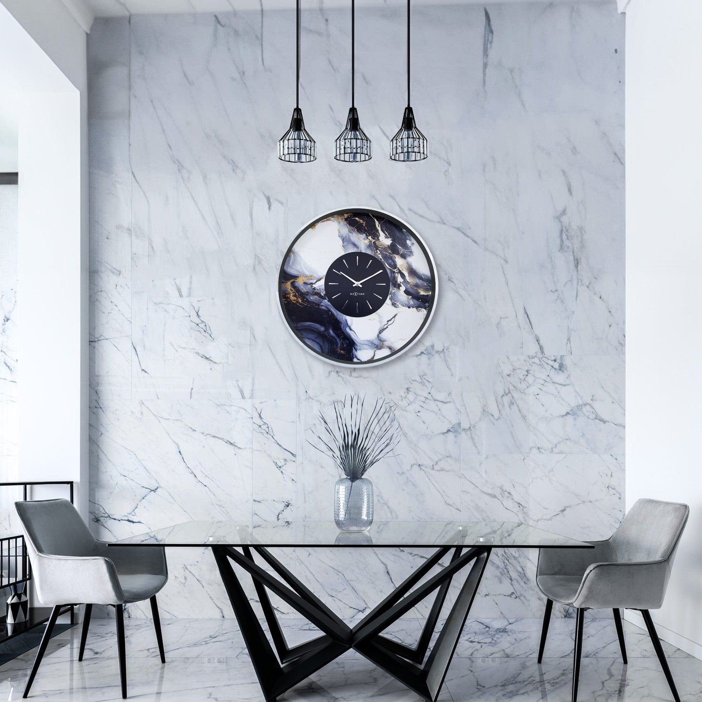 Comnox - Marble Duo - Grote wandklok 48cm - Stil, Elegant Design - 1 AA Batterij - Staal en Marmer - 48cm Silver