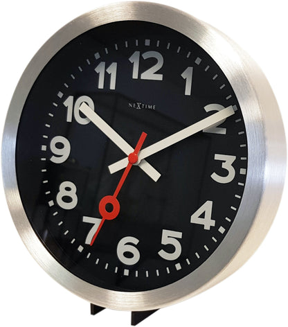 NeXtime Station - Stille Wandklok en Tafelklok - Zwart Aluminium