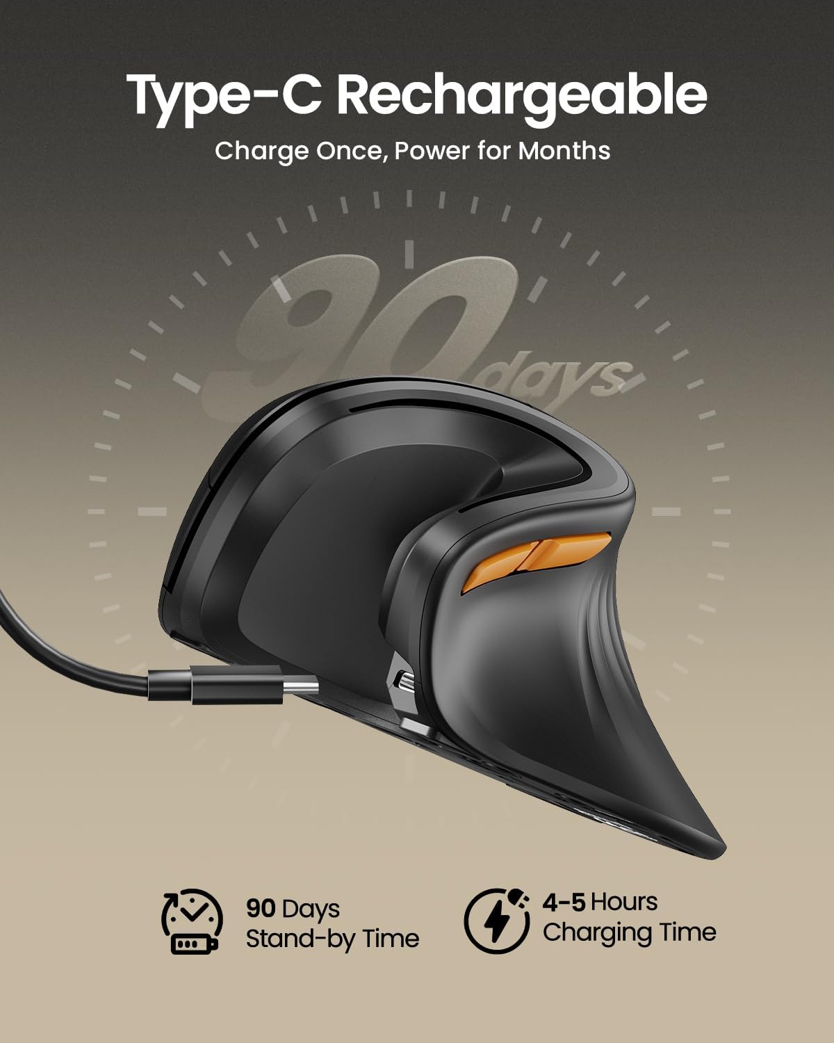 Ergonomische, zwart-grijze draadloze mouse met oranje accenten en textuur voor comfort. Geschikt voor langdurig gebruik bij kantoor- en gamingtoepassingen.