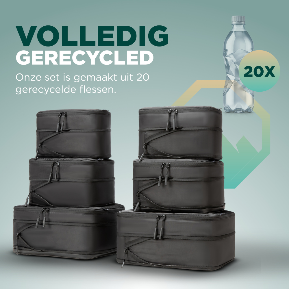 Zwarte reisverzamelzakkenset van 8 stuks, inclusief mesh-zakken voor kleding en een aparte schoenenzak, ideaal voor reizen en opslag. Gebruik deze praktische set voor organisatie tijdens vakanties en reisverpakking.