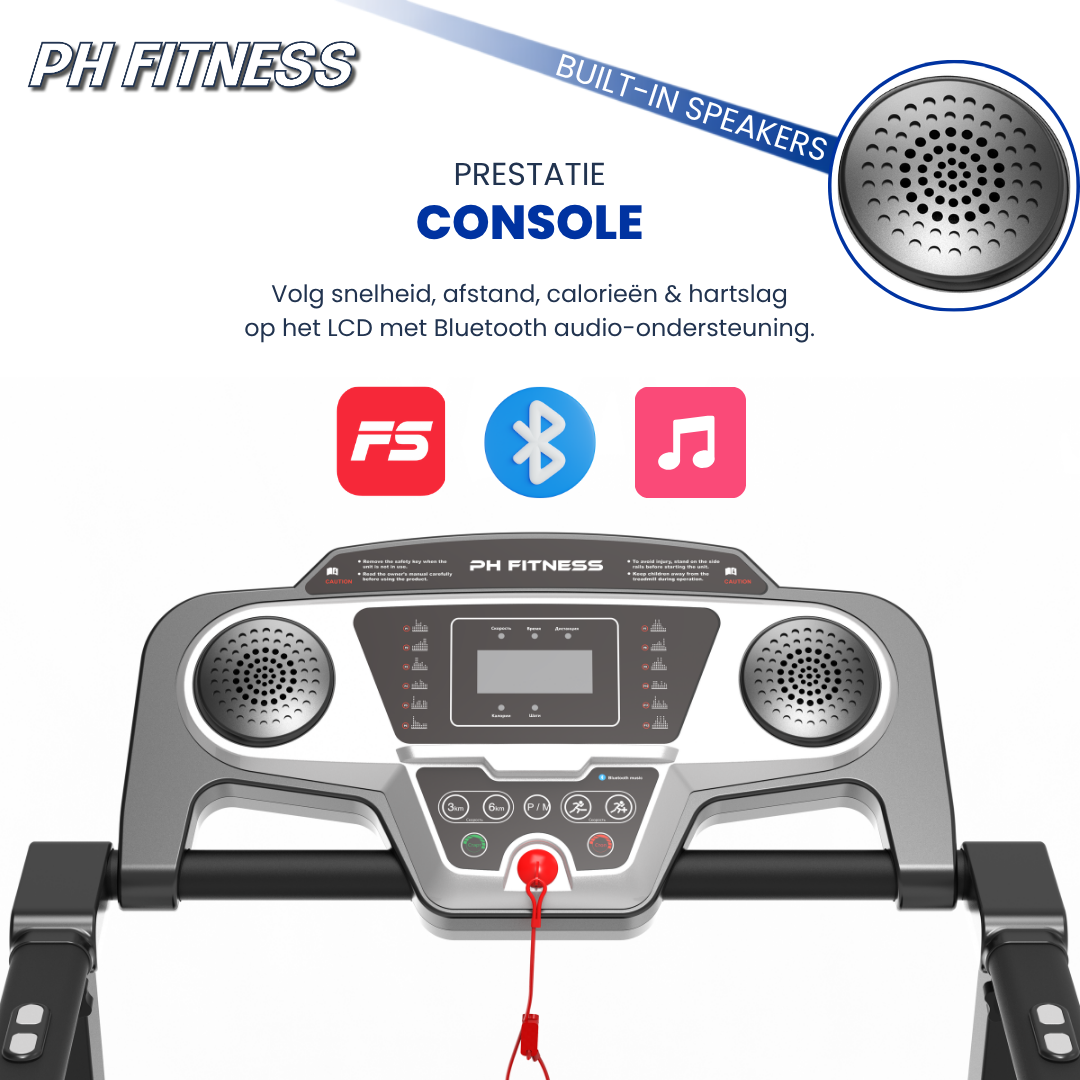 Een zwarte, vouwbare loopband met digitale display en handgrepen, uitgerust met een rood veiligheidskoord. Geschikt voor thuisfitness en gewichtsverlies, met zichtbare merknaam en blauwe accenten.