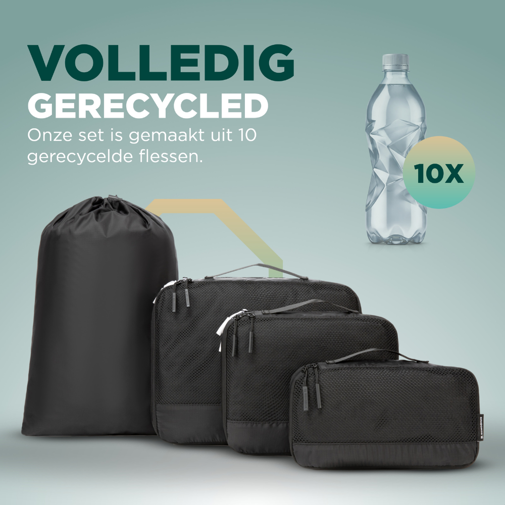 Zwart mesh reisorganisatieset met 4 delen, inclusief een draagzak en verschillende opbergzakken voor kleding en accessoires, ideaal voor reizen en opbergen.