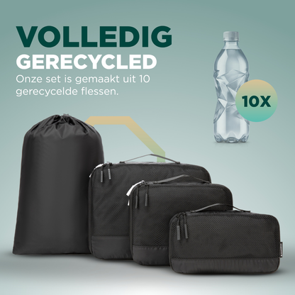 Zwart mesh reisorganisatieset met 4 delen, inclusief een draagzak en verschillende opbergzakken voor kleding en accessoires, ideaal voor reizen en opbergen.