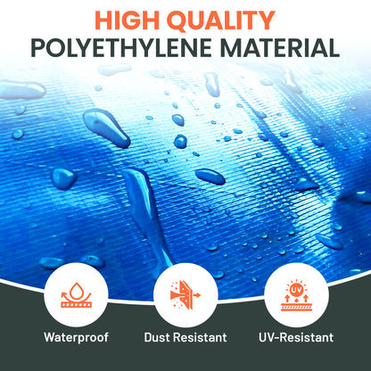 Een wit, transparant dekzeil van Perfect Cover, gemaakt van waterdicht tarpaulin met UV- en scheurbestendigheid, geschikt voor het beschermen van tuinmeubilair of bouwmaterialen.