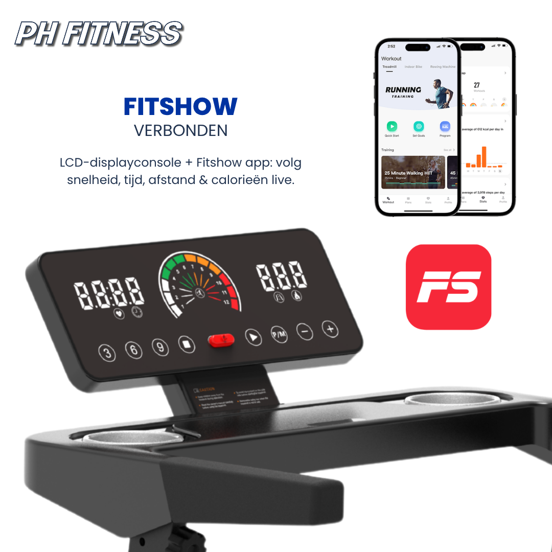Zwarte PH FITNESS loopband met digitale display en blauwe accenten, uitgerust met verstelbare handgrepen en een opvouwbare constructie, ideaal voor thuisfitness en gewichtsverlies.