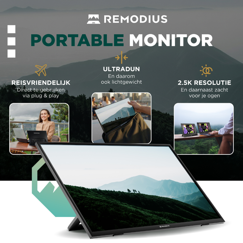 Een 13-inch Remodius 2K Quad HD monitor met HDR10+ ondersteuning, zwart frame, toont een berglandschap. Geschikt voor gaming en multimedia-ervaringen met scherpe beelden.