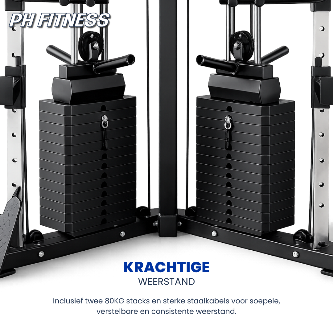 De PH Fitness multi-gym is een zwart, robuust trainingsapparaat met verstelbare kabels en gewichten, geschikt voor thuisgym en krachttraining.