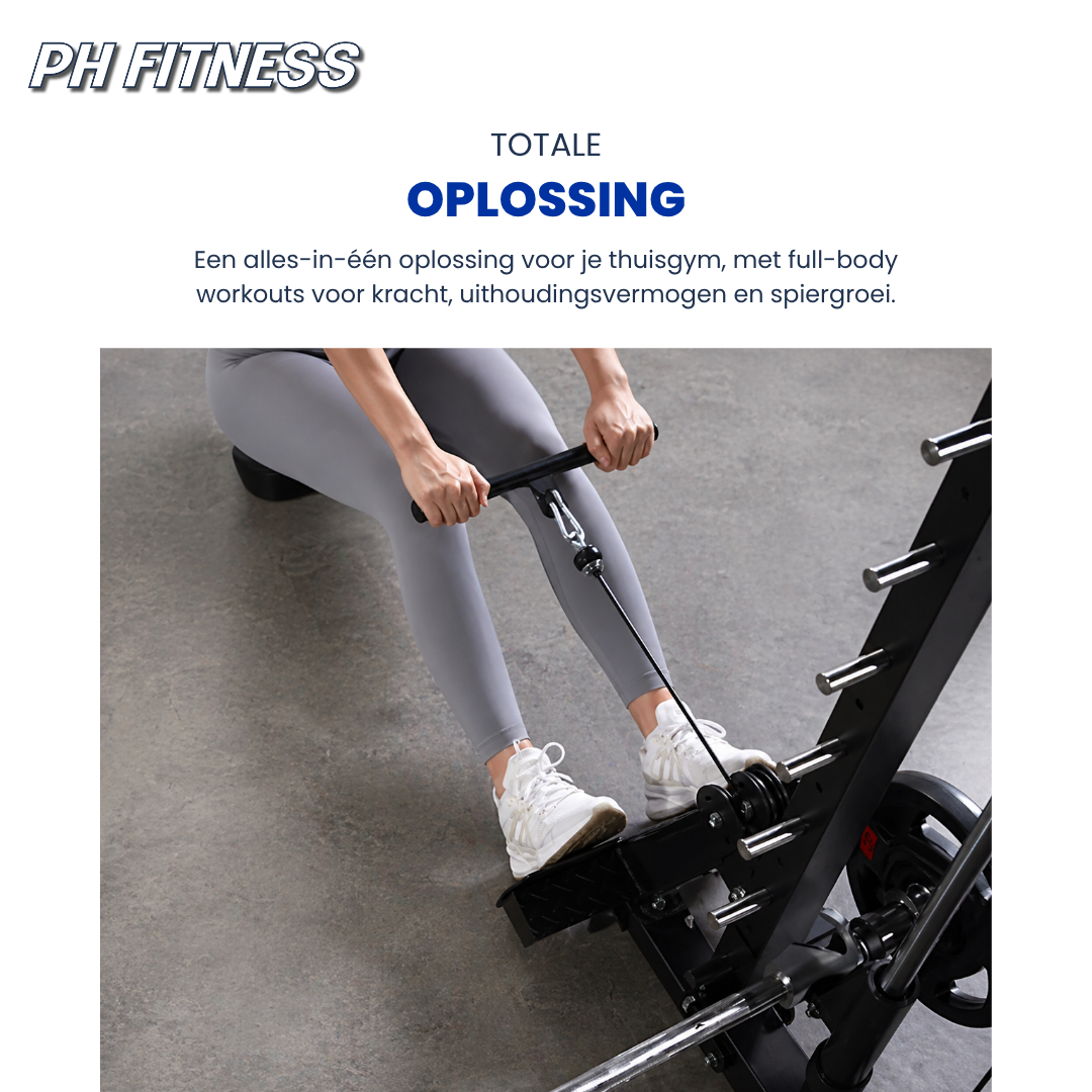 Zwart multi-functional home gym met verstelbare kabels, gewichtsplatens en houten handgrepen, geschikt voor thuisfitness en krachttraining.