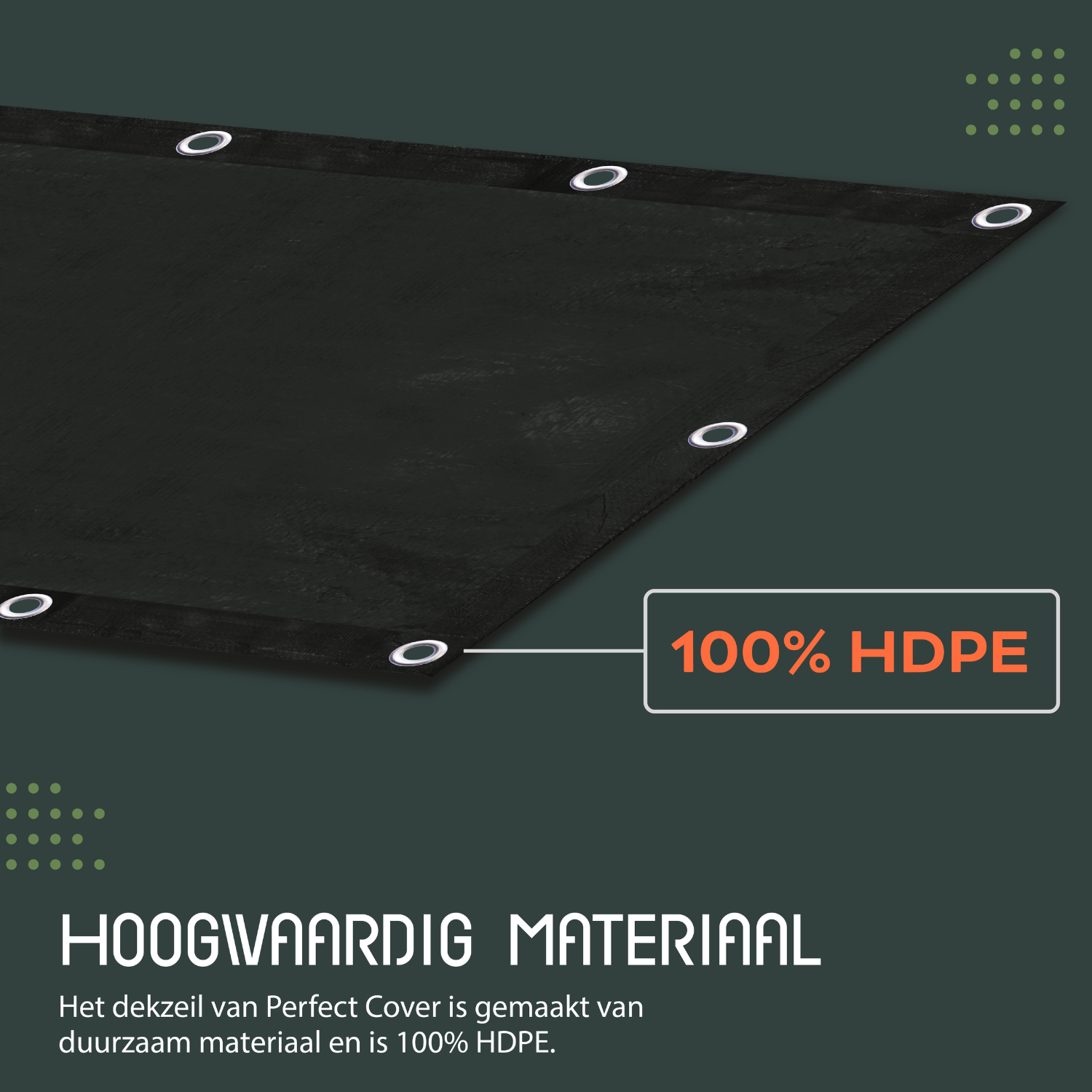 Zwart dekzeil van Perfect Cover, gemaakt van waterdicht en UV-bestendig materiaal, met zichtbare metalen oogjes en een duidelijke productlabel. Ideaal voor buitenopslag en bescherming tegen regen en zon.