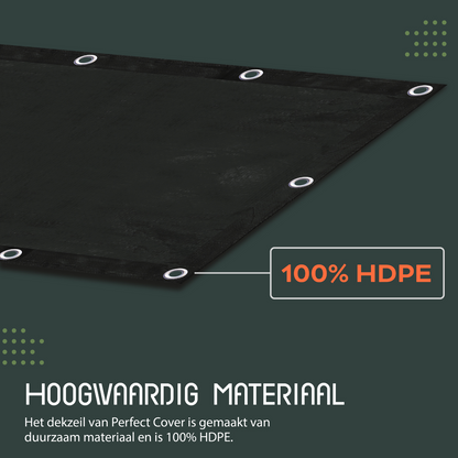 Zwart dekzeil van Perfect Cover, gemaakt van waterdicht en UV-bestendig materiaal, met zichtbare metalen oogjes en een duidelijke productlabel. Ideaal voor buitenopslag en bescherming tegen regen en zon.
